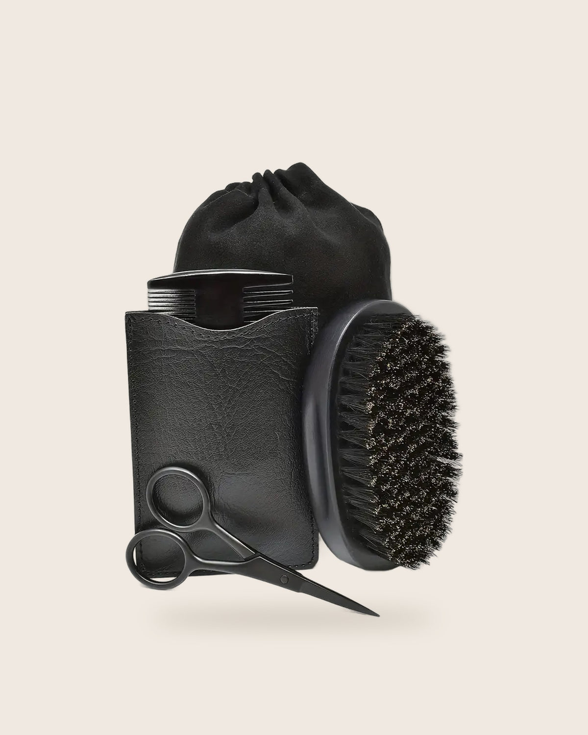 The Beard Kit: brush, comb, scissors, black sleeve and pouch
