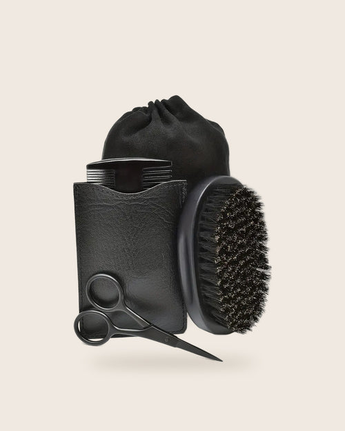 The Beard Kit: brush, comb, scissors, black sleeve and pouch